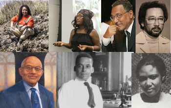 collage of 7 Black Marine Biologists. Top row L to R: Dionne Hoskins-Brown, Ph.D, Dr. Dijanna Figueroa, Dr. Daniel Pauly, Robert K. Trench Bottom row L to R: Samuel Milton Nabrit, Ernest Everett Just, Roger Arliner Young